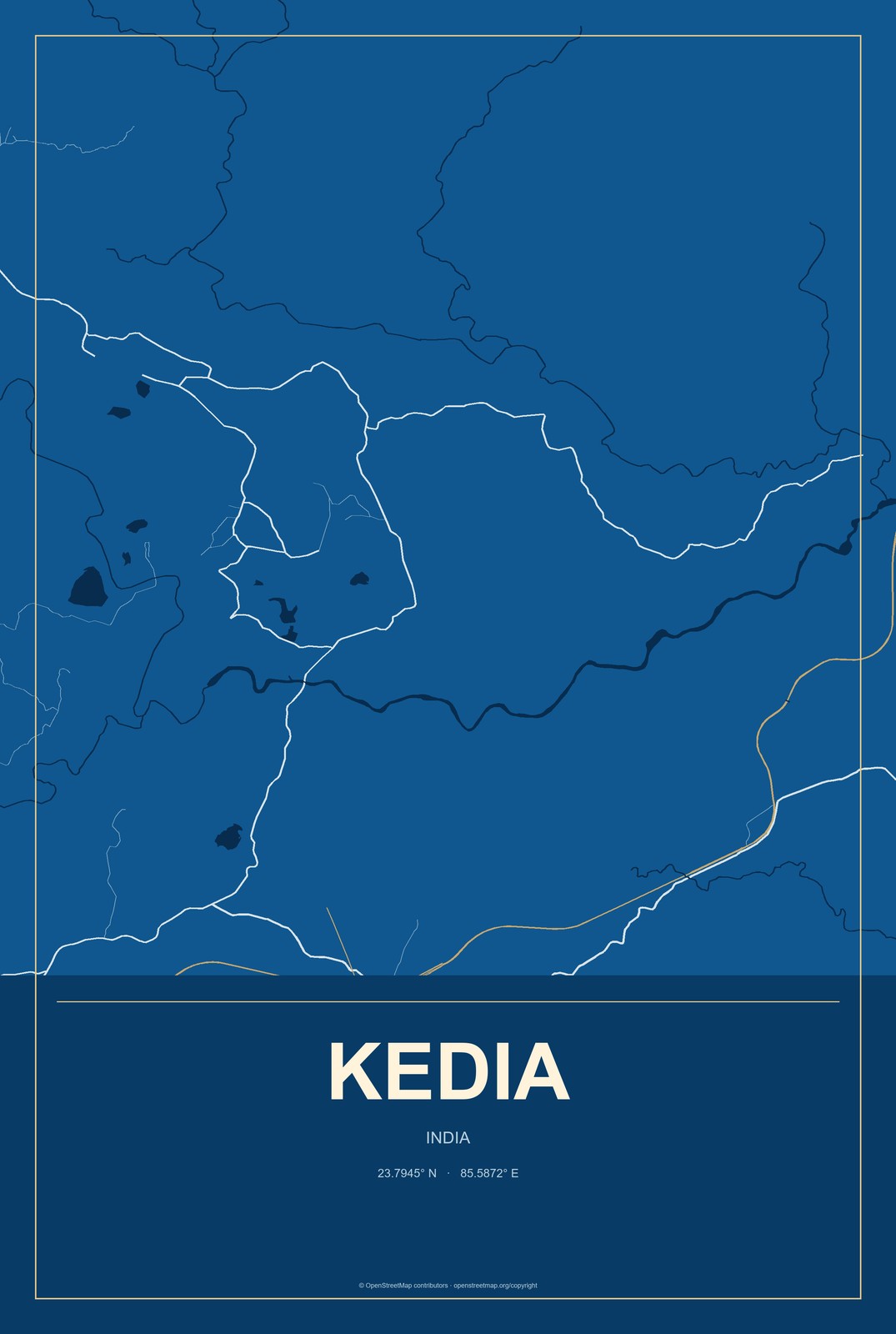 Kedia, India City Map Aluminum Sign in Harbor Cobalt style