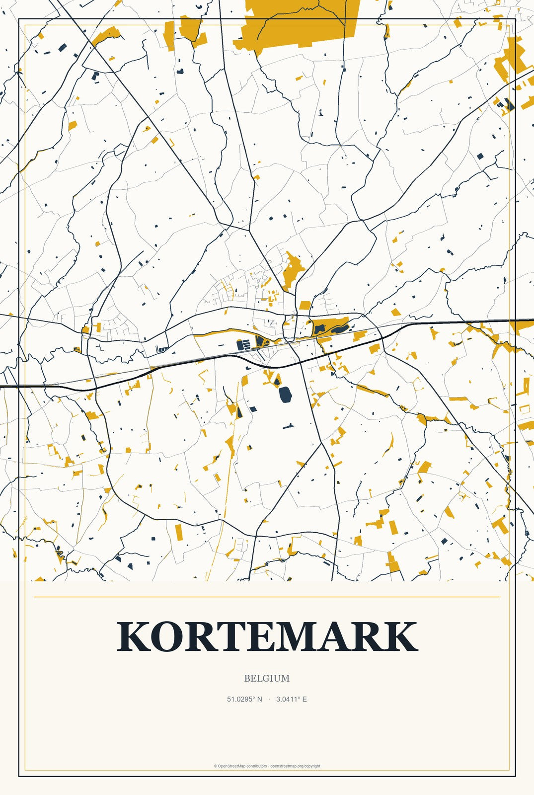Kortemark, Belgium City Map Aluminum Sign in Citrine Modern style