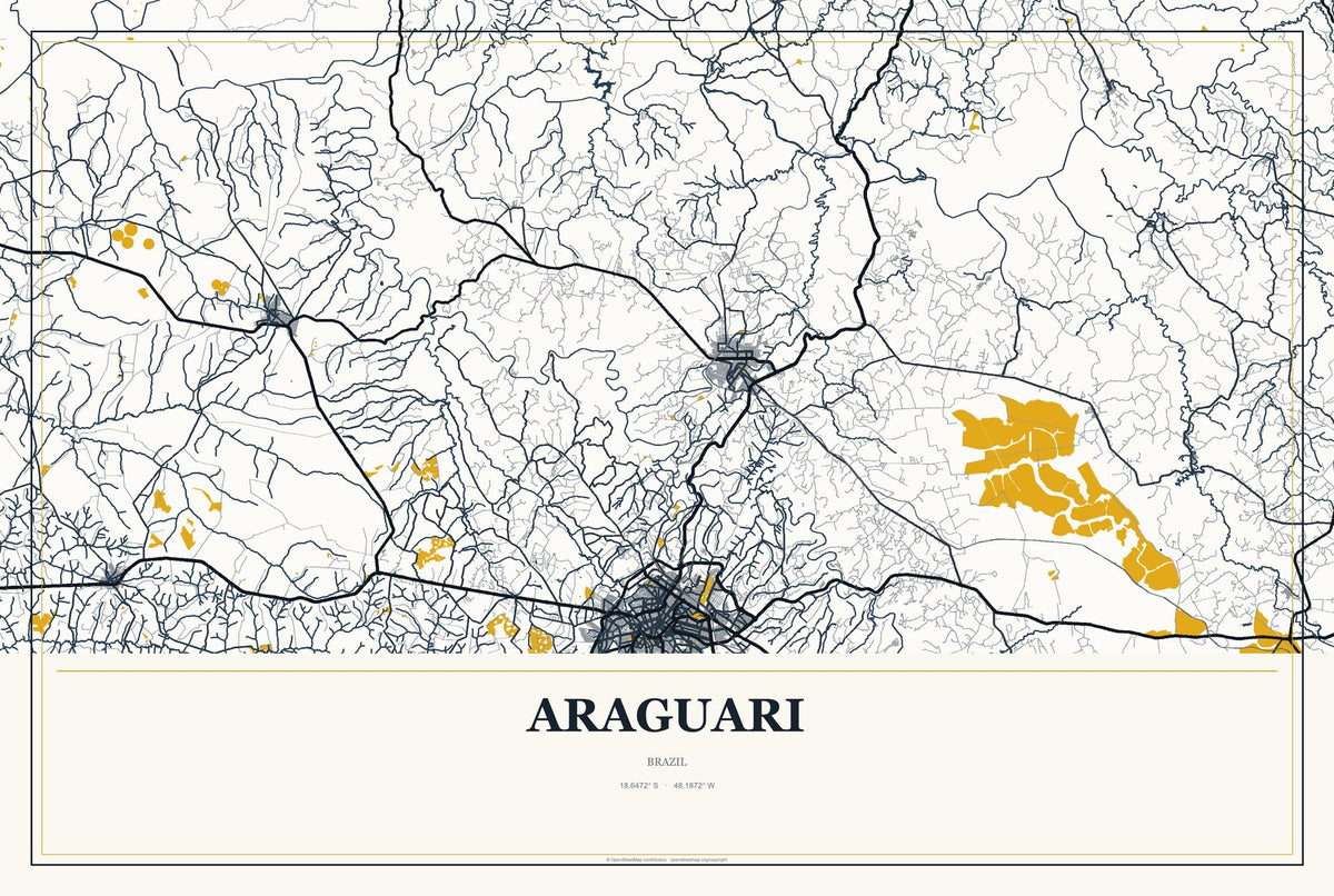 Araguari, Brazil City Map Aluminum Sign in Citrine Modern style