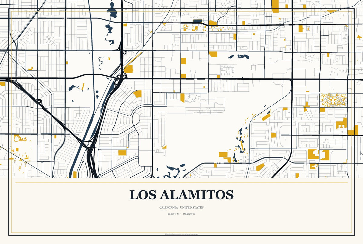 Los Alamitos, California City Map Aluminum Sign in Citrine Modern style