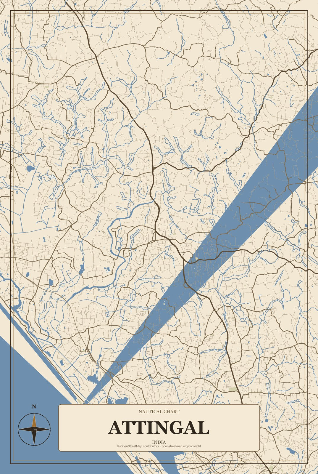 Attingal, India City Map Aluminum Sign in Heritage Nautical style