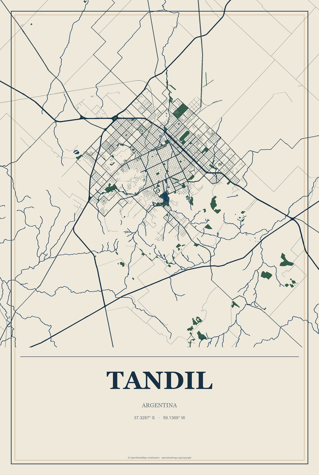 Tandil, Argentina City Map Aluminum Sign in Coastal Cutout style