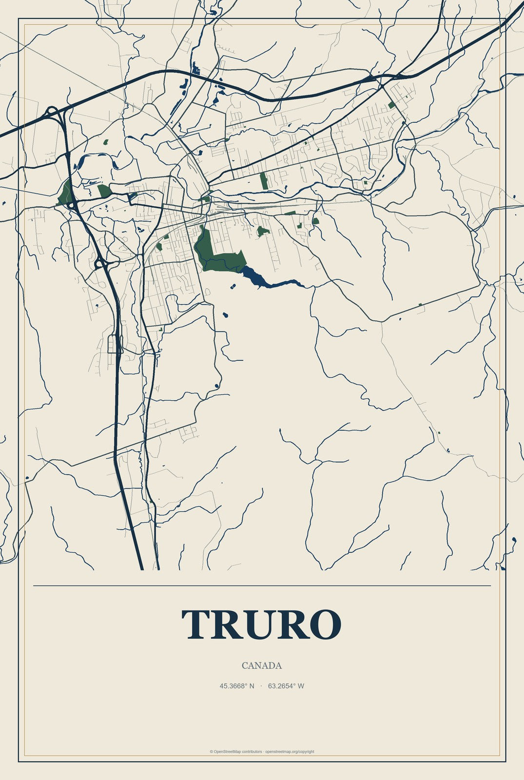 Truro, Canada City Map Aluminum Sign in Coastal Cutout style