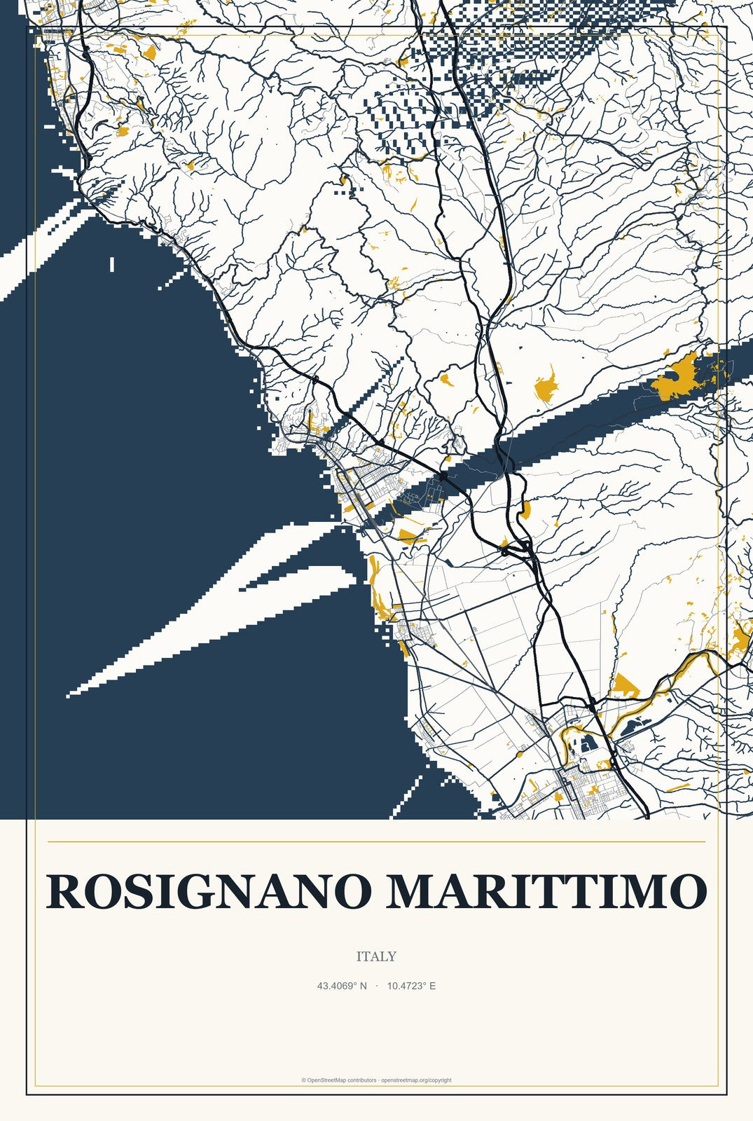 Rosignano Marittimo, Italy City Map Aluminum Sign in Citrine Modern style
