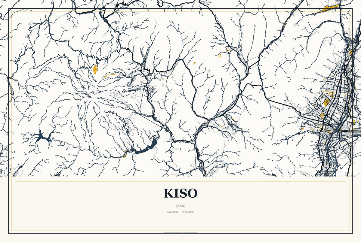 Kiso, Japan City Map Aluminum Sign in Citrine Modern style