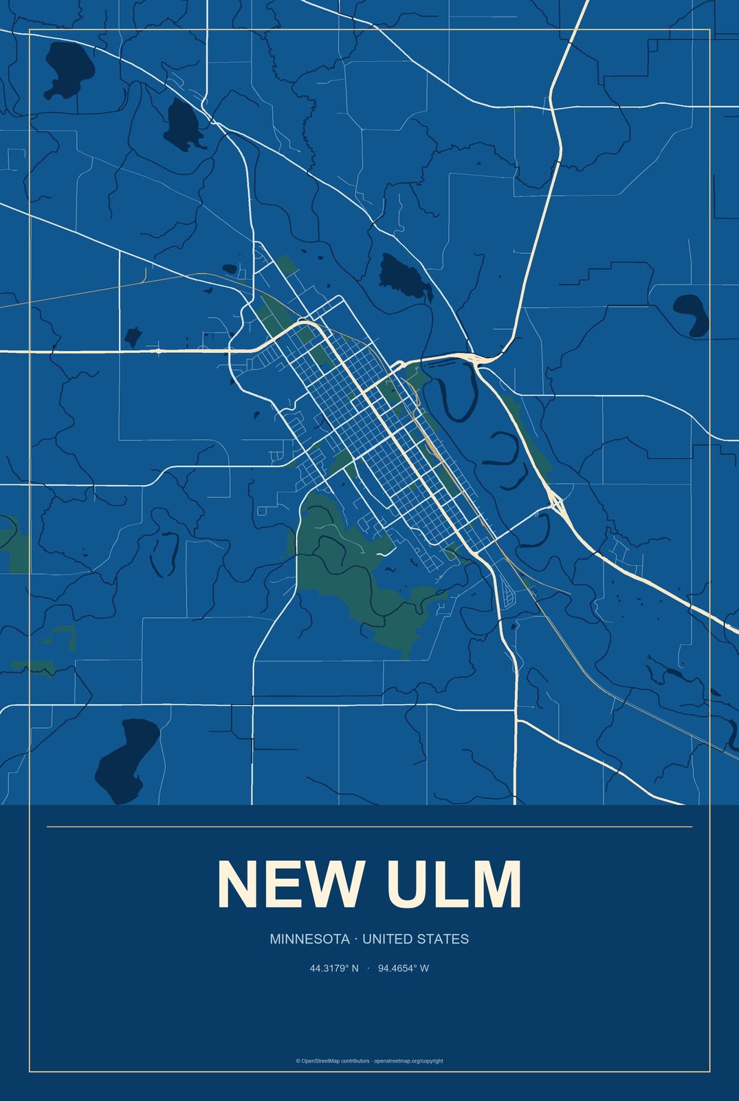 New Ulm, Minnesota City Map Aluminum Sign in Harbor Cobalt style