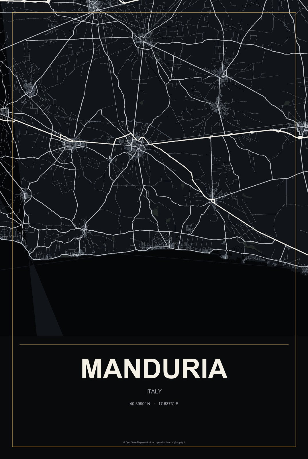 Manduria, Italy City Map Aluminum Sign in Metropolitan Noir style
