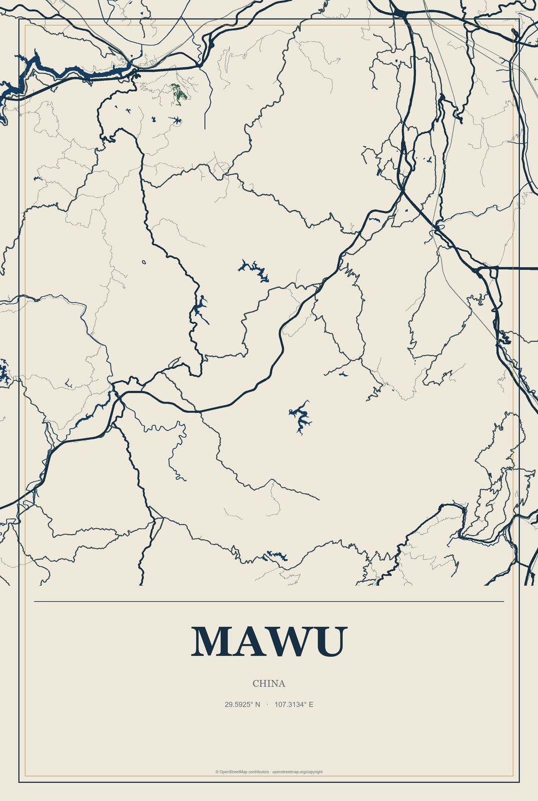 Mawu, Gansu, China City Map Aluminum Sign in Coastal Cutout style