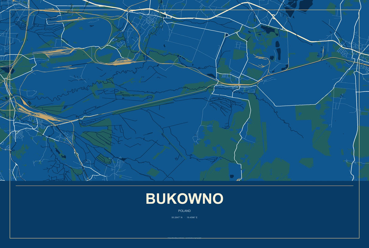 Bukowno, Poland City Map Aluminum Sign in Harbor Cobalt style