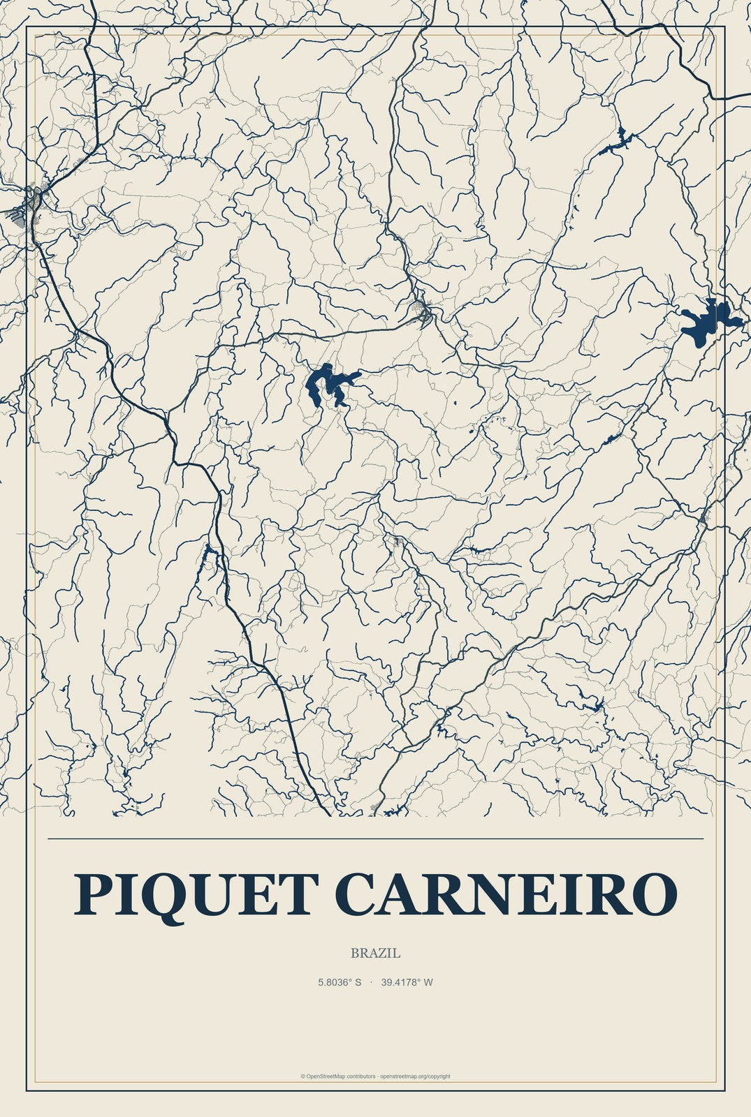 Piquet Carneiro, Brazil City Map Aluminum Sign in Coastal Cutout style