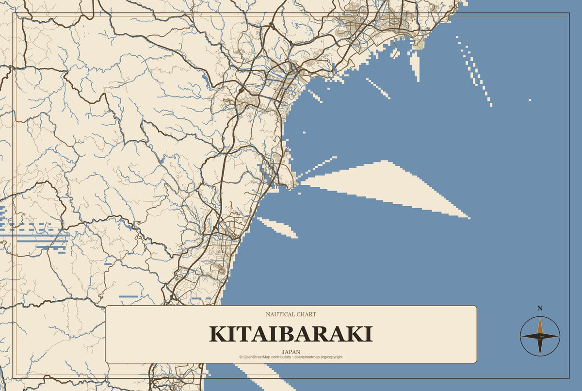 Kitaibaraki, Japan City Map Aluminum Sign in Heritage Nautical style