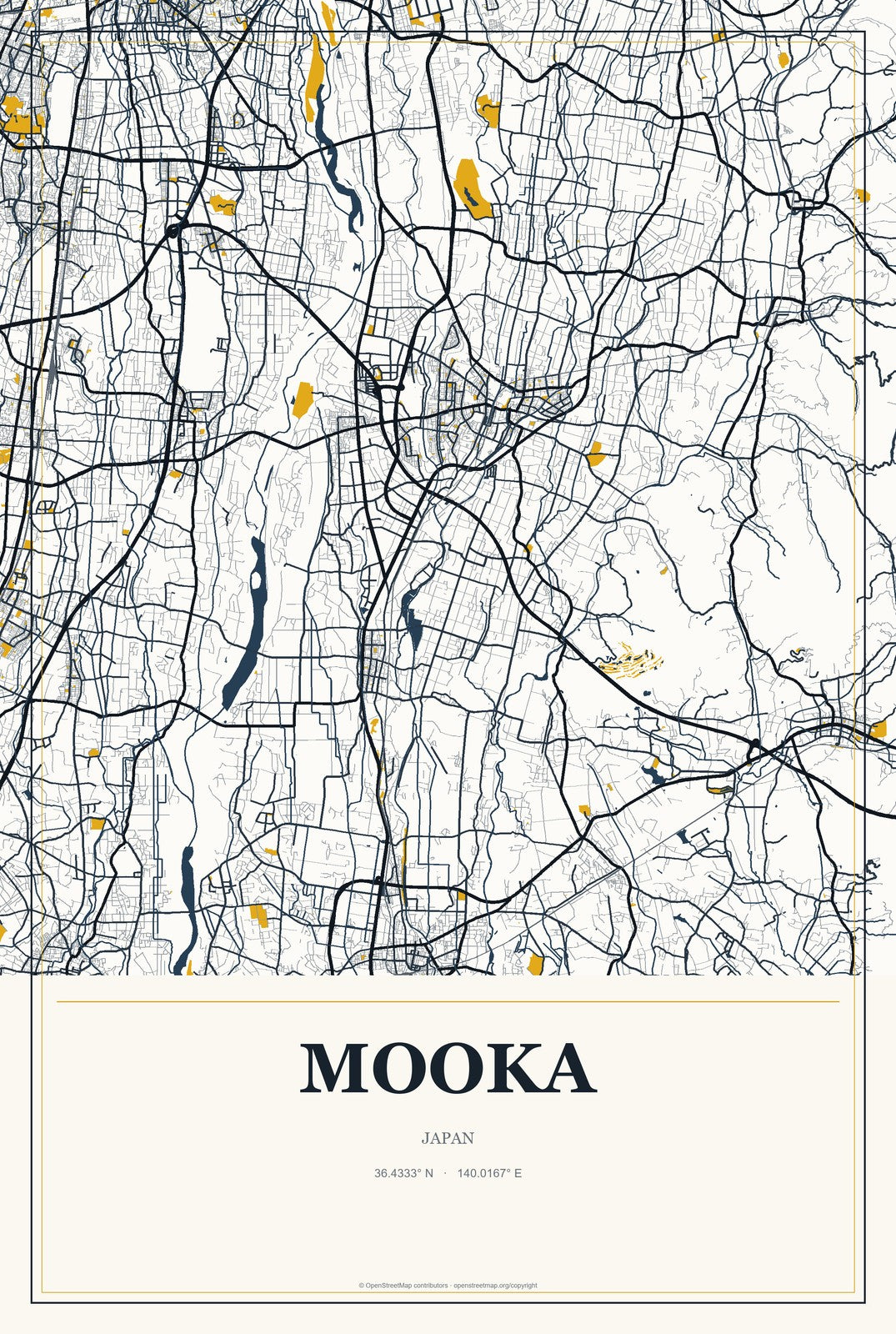 Mooka, Japan City Map Aluminum Sign in Citrine Modern style