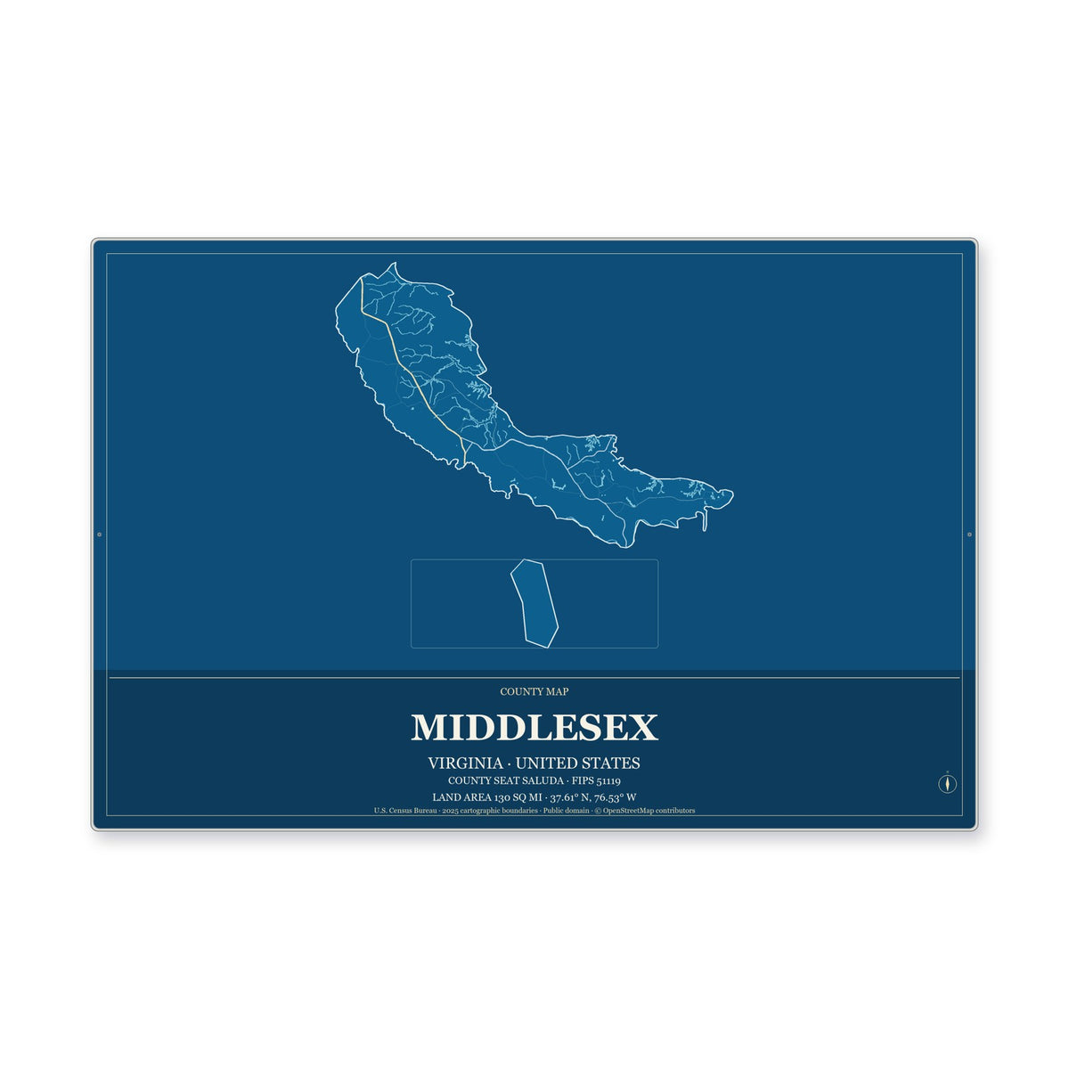 Middlesex County, Virginia Map Aluminum Sign in Harbor Cobalt style