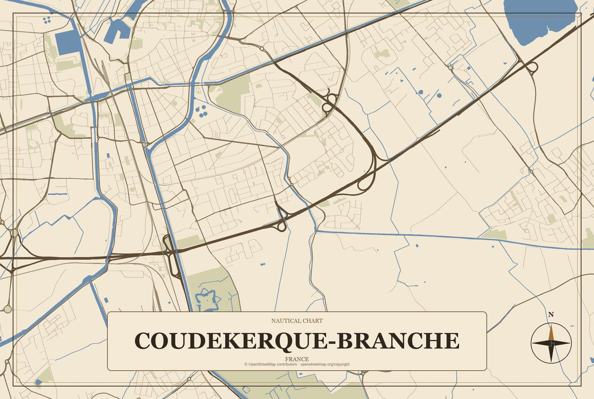 Coudekerque-Branche, France City Map Aluminum Sign in Heritage Nautical style