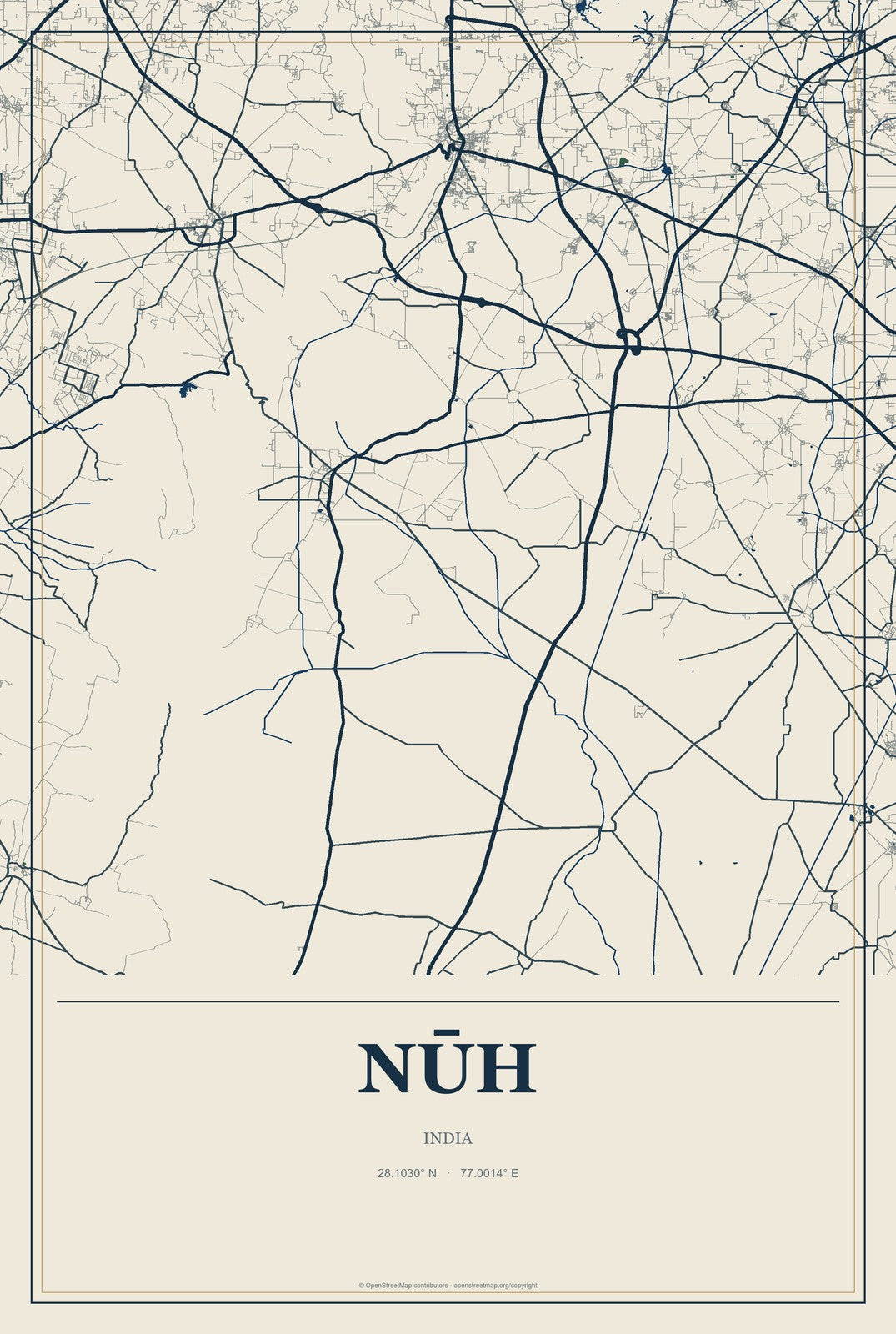 Nūh, India City Map Aluminum Sign in Coastal Cutout style