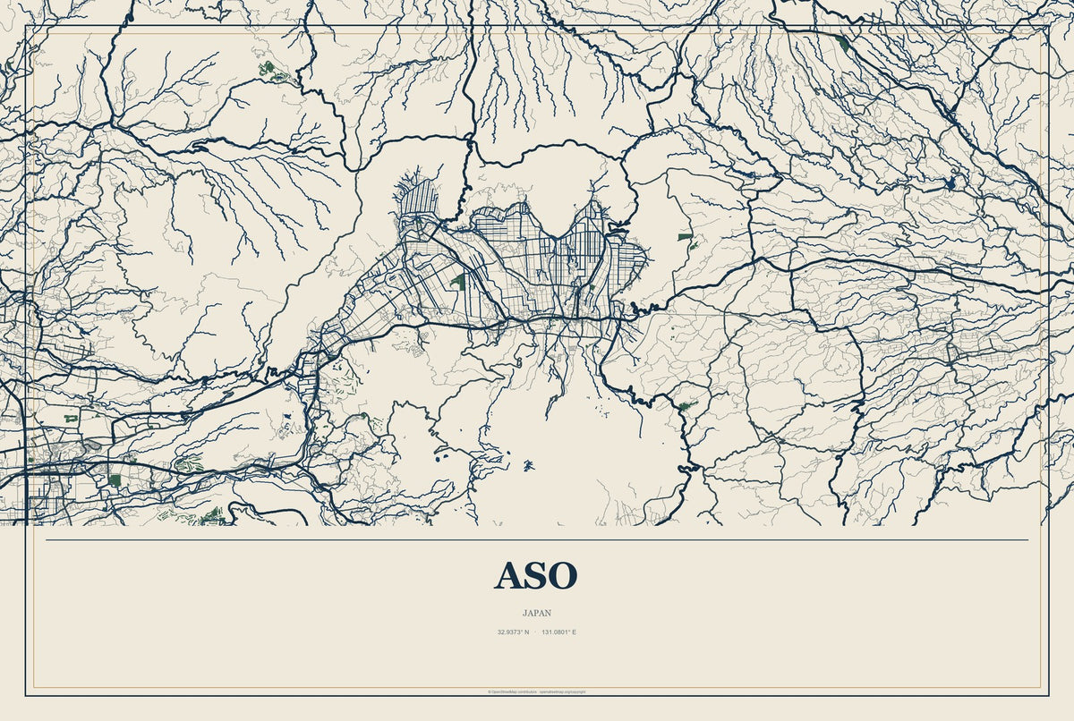 Aso, Japan City Map Aluminum Sign in Coastal Cutout style