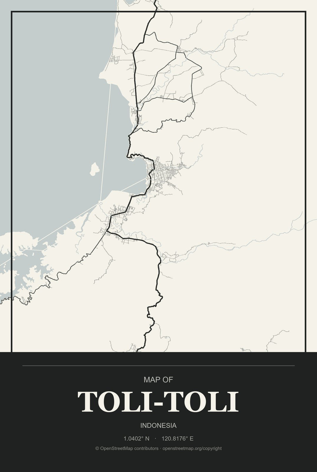Toli-Toli, Indonesia City Map Aluminum Sign in Museum Plaque style