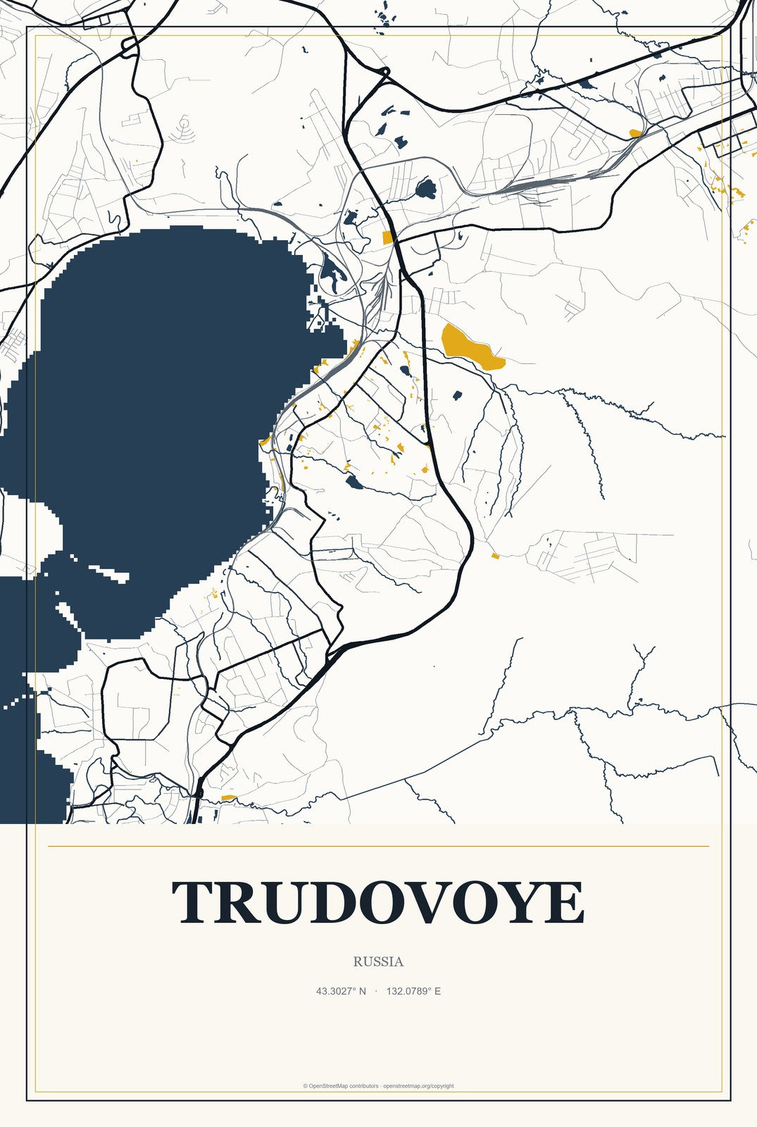 Trudovoye, Russia City Map Aluminum Sign in Citrine Modern style
