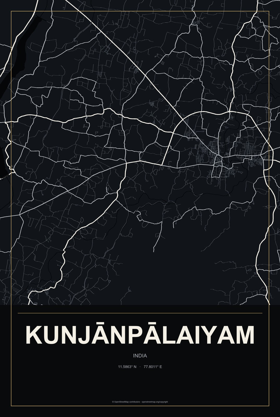Kunjānpālaiyam, India City Map Aluminum Sign in Metropolitan Noir style