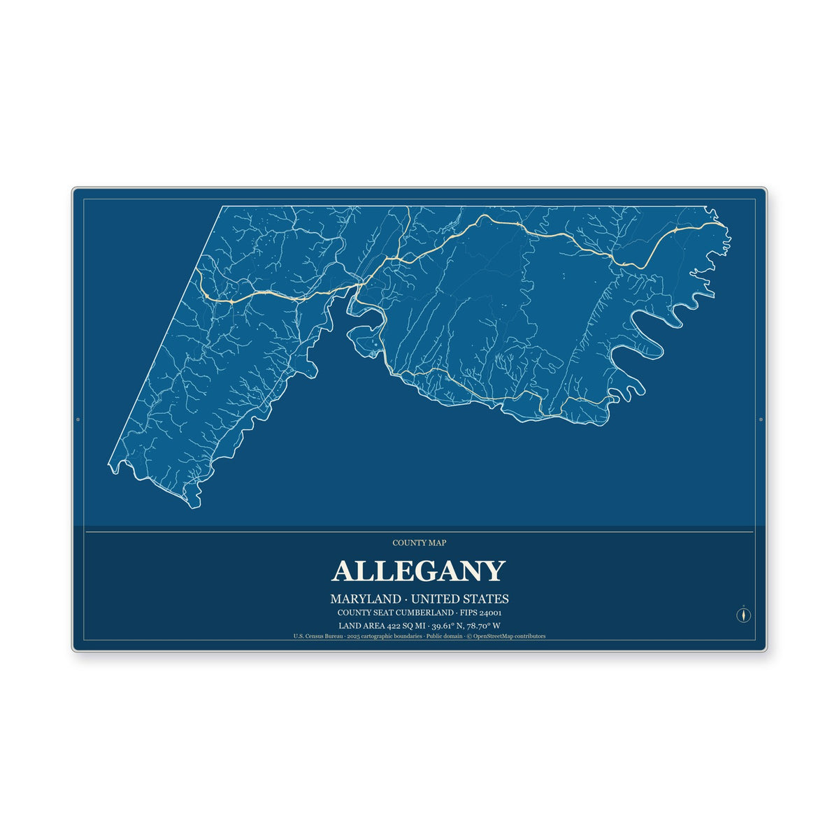 Allegany County, Maryland Map Aluminum Sign in Harbor Cobalt style