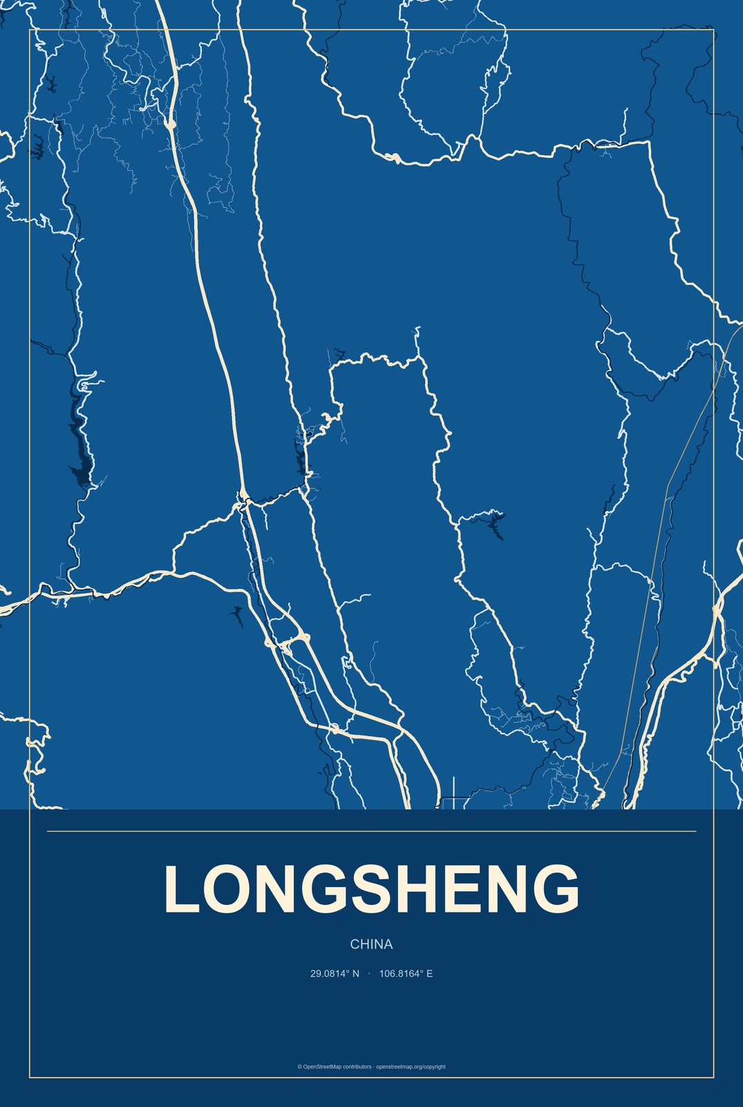 Longsheng, China City Map Aluminum Sign in Harbor Cobalt style