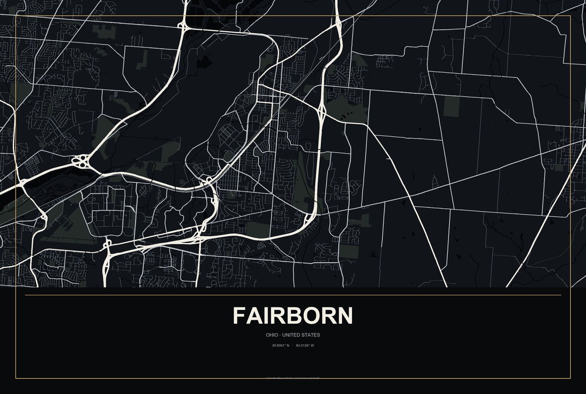 Fairborn, Ohio City Map Aluminum Sign in Metropolitan Noir style