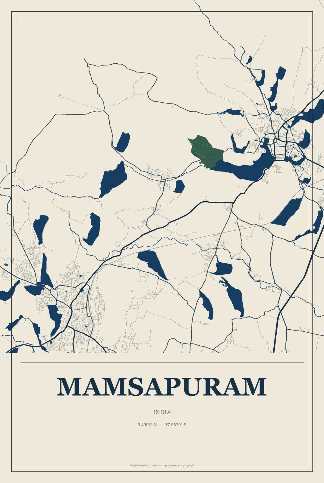 Mamsapuram, India City Map Aluminum Sign in Coastal Cutout style