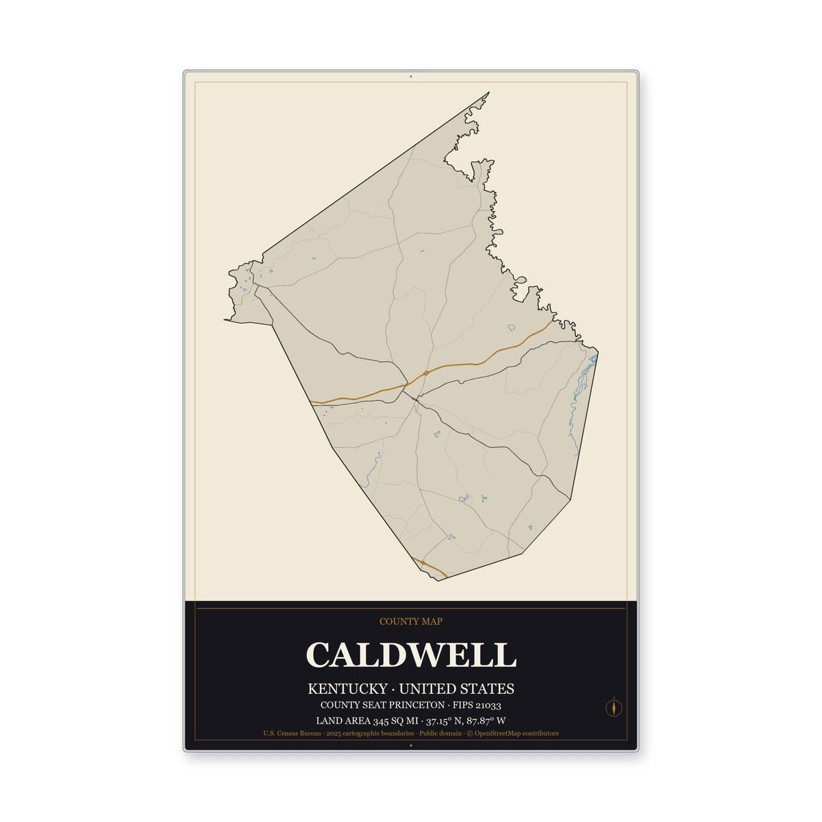 Caldwell County, Kentucky Map Aluminum Sign in Museum Plaque style