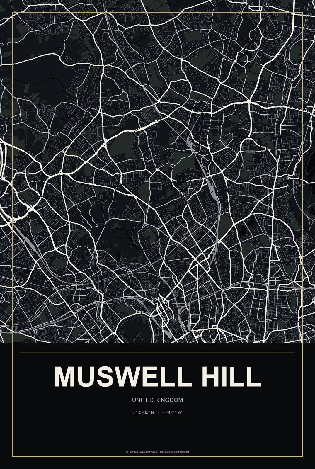 Muswell Hill, United Kingdom City Map Aluminum Sign in Metropolitan Noir style