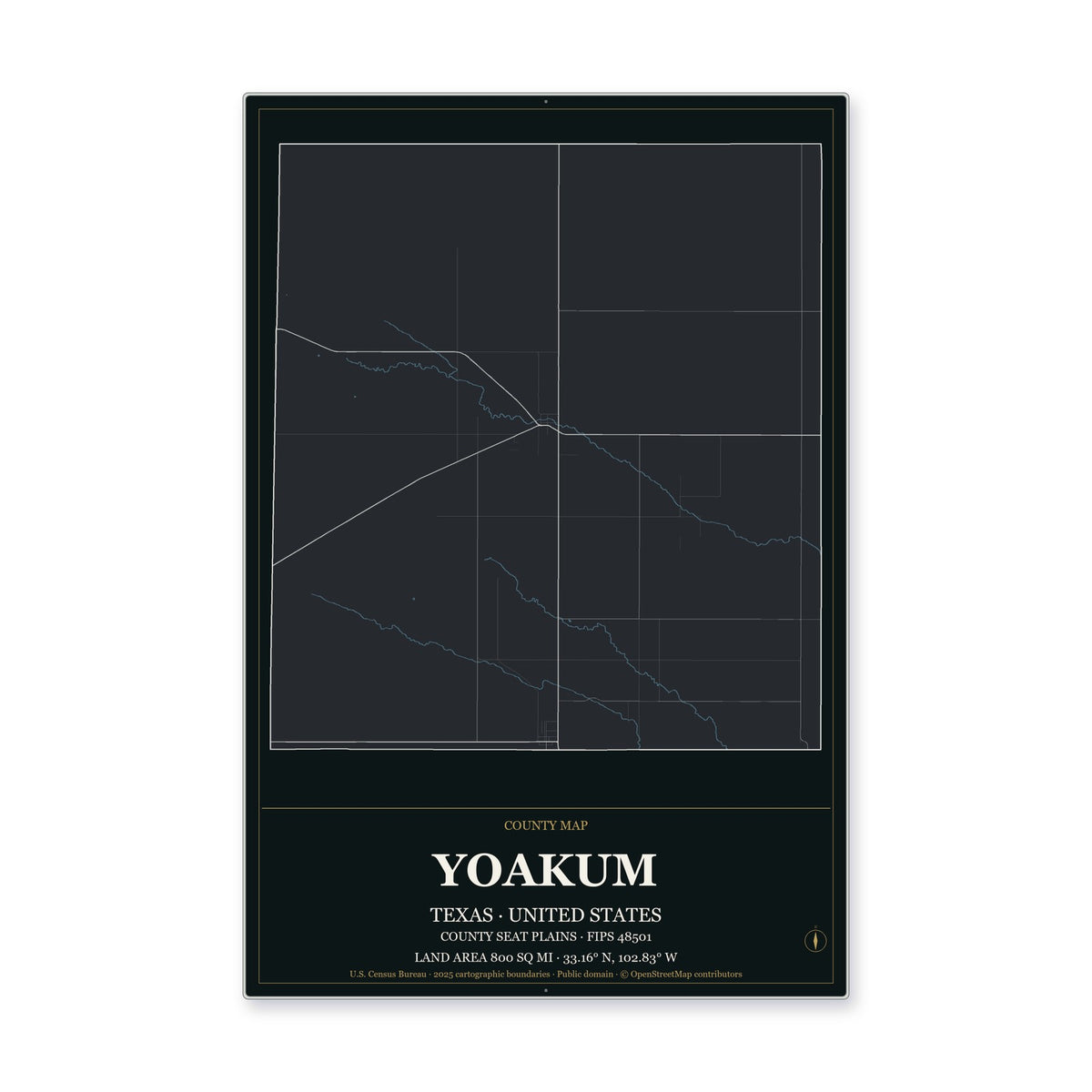Yoakum County, Texas Map Aluminum Sign in Metropolitan Noir style