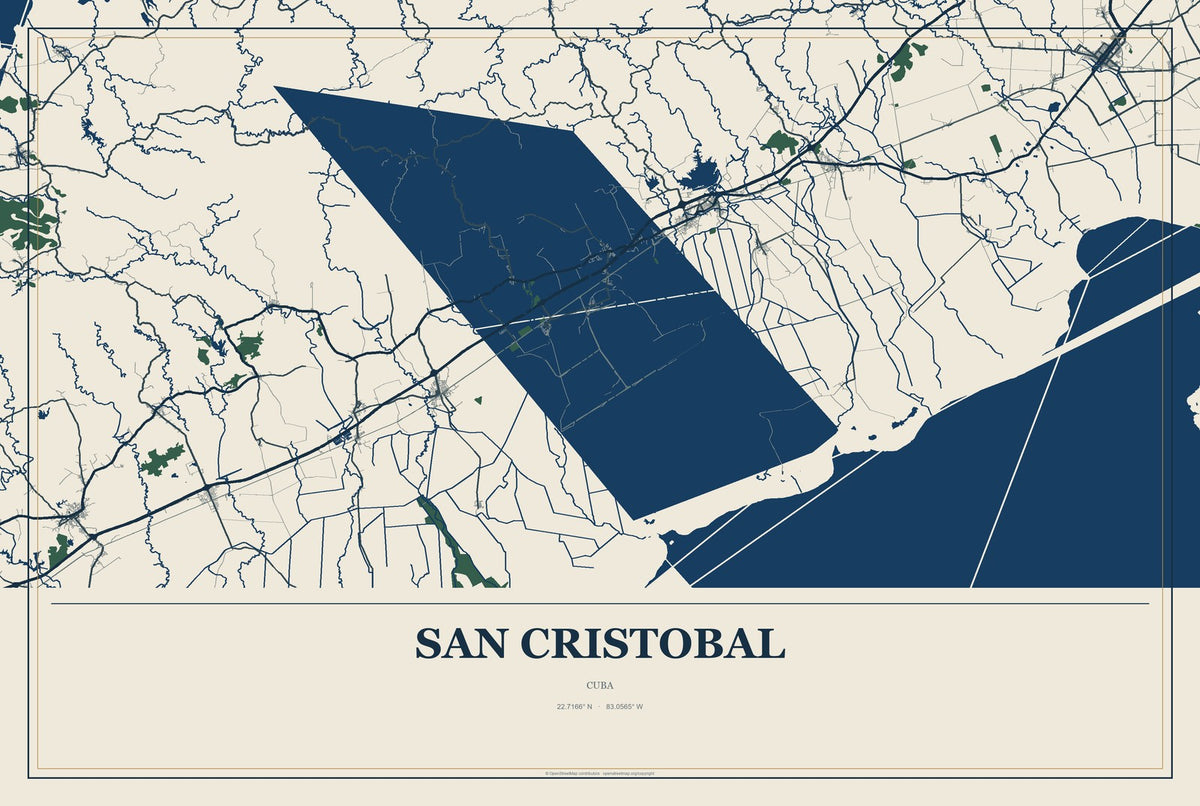 San Cristobal, Cuba City Map Aluminum Sign in Coastal Cutout style