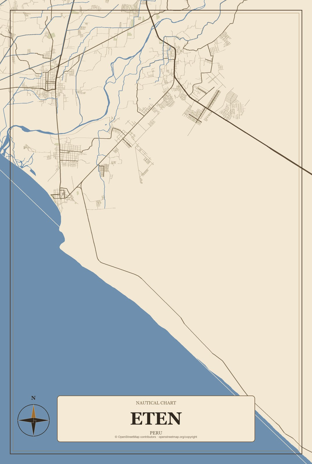Eten, Peru City Map Aluminum Sign in Heritage Nautical style
