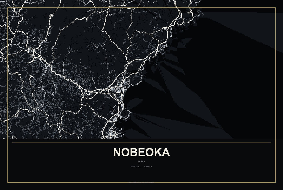 Nobeoka, Japan City Map Aluminum Sign in Metropolitan Noir style