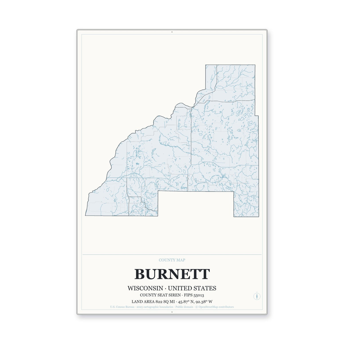 Burnett County, Wisconsin Map Aluminum Sign in Gallery Air style