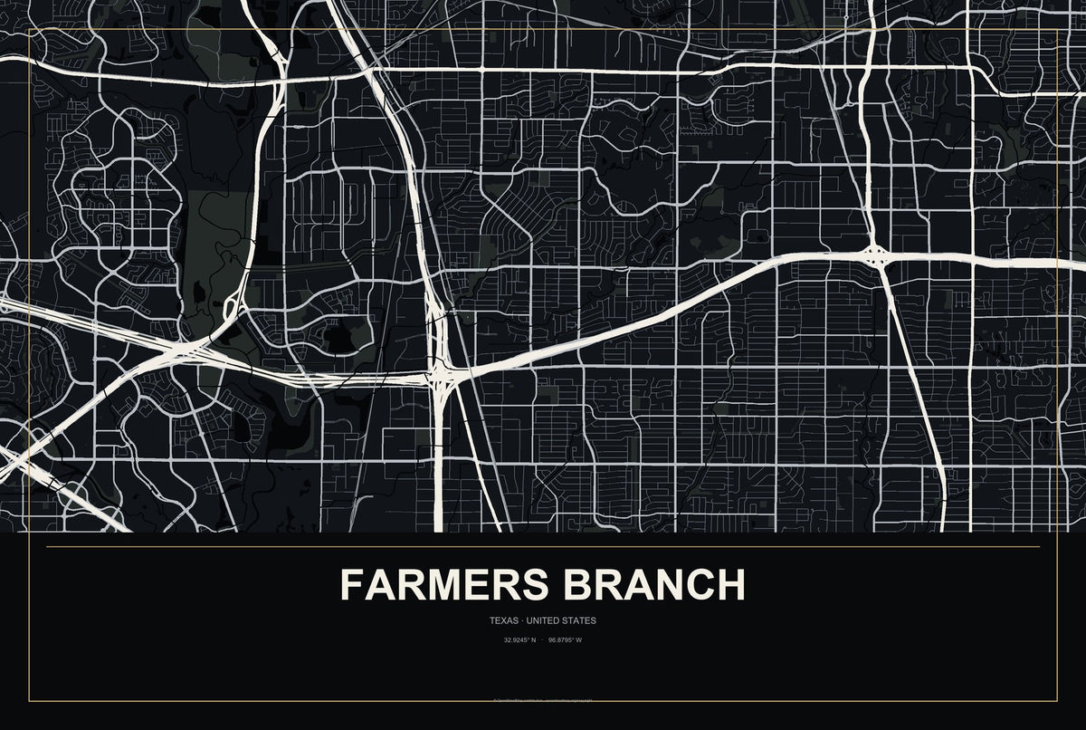 Farmers Branch, Texas City Map Aluminum Sign in Metropolitan Noir style