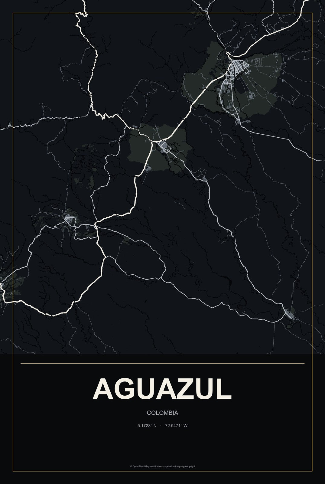 Aguazul, Colombia City Map Aluminum Sign in Metropolitan Noir style