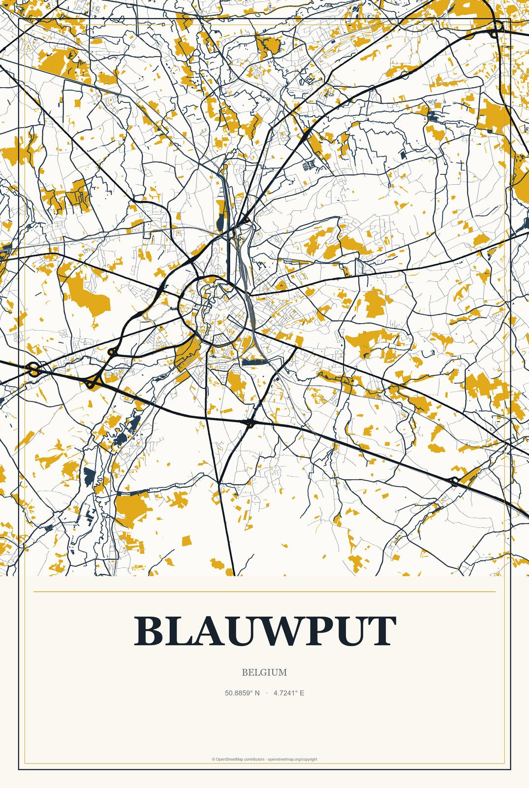 Blauwput, Belgium City Map Aluminum Sign in Citrine Modern style