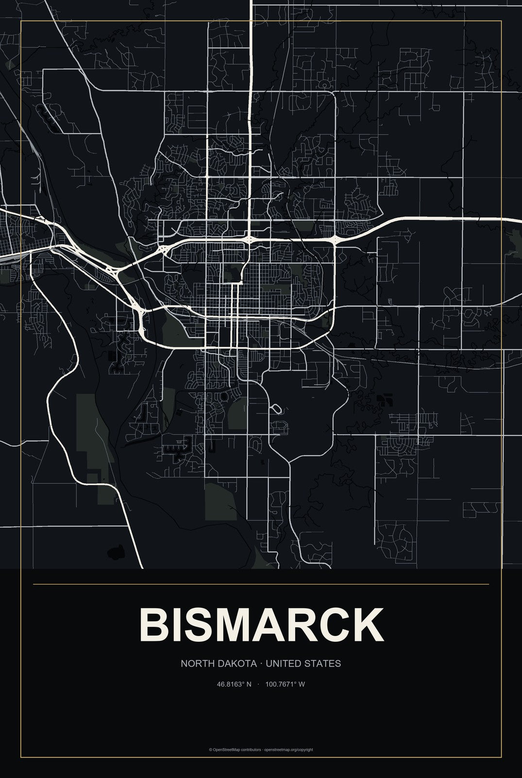 Bismarck, North Dakota City Map Aluminum Sign in Metropolitan Noir style