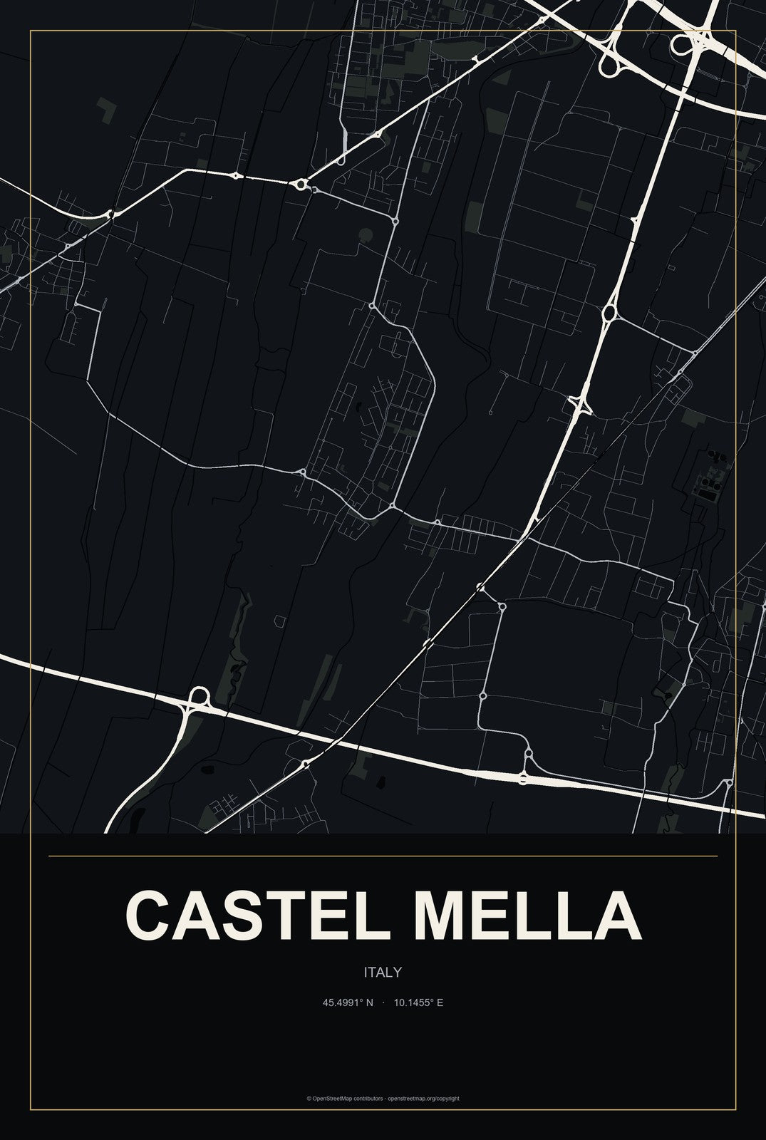 Castel Mella, Italy City Map Aluminum Sign in Metropolitan Noir style