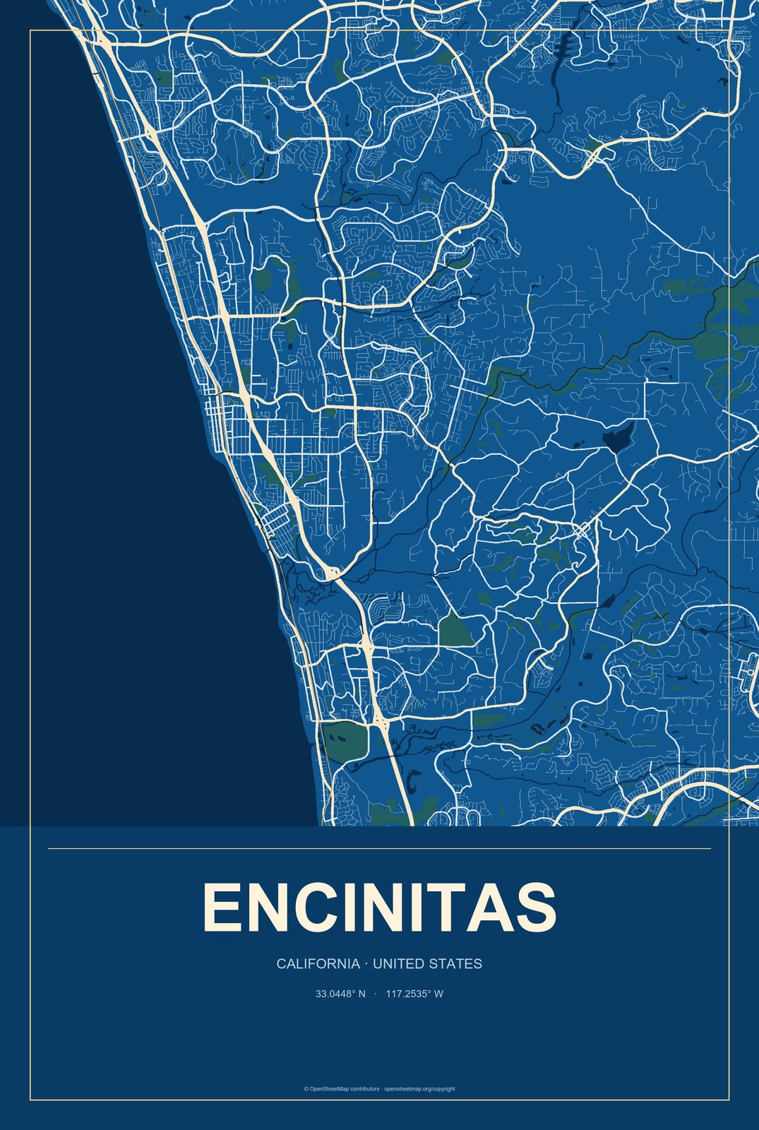 Encinitas, California City Map Aluminum Sign in Harbor Cobalt style