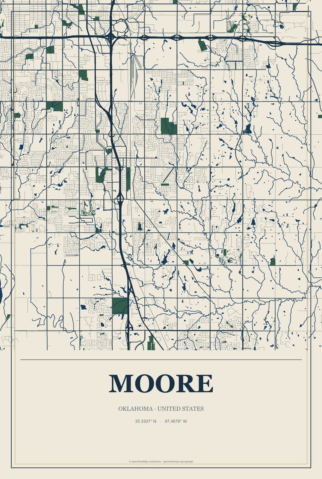 Moore, Oklahoma City Map Aluminum Sign in Coastal Cutout style