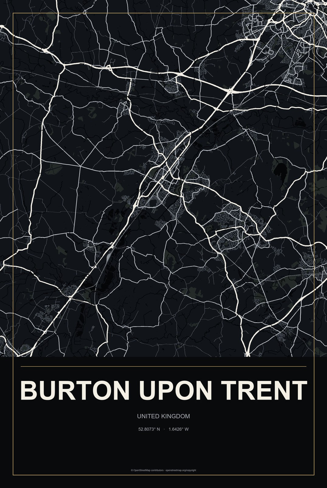 Burton upon Trent, United Kingdom City Map Aluminum Sign in Metropolitan Noir style