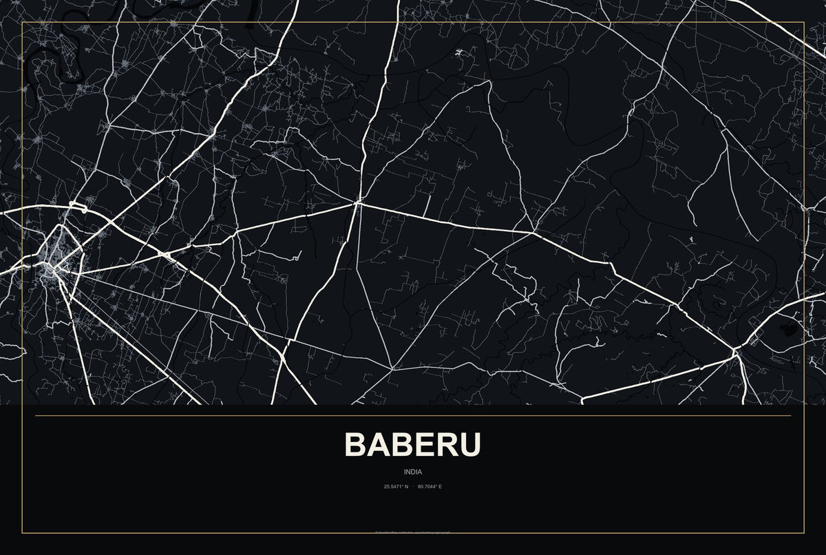 Baberu, India City Map Aluminum Sign in Metropolitan Noir style