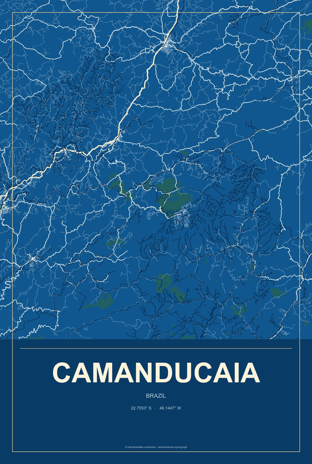 Camanducaia, Brazil City Map Aluminum Sign in Harbor Cobalt style