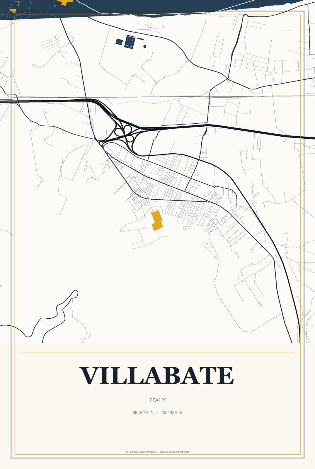 Villabate, Italy City Map Aluminum Sign in Citrine Modern style