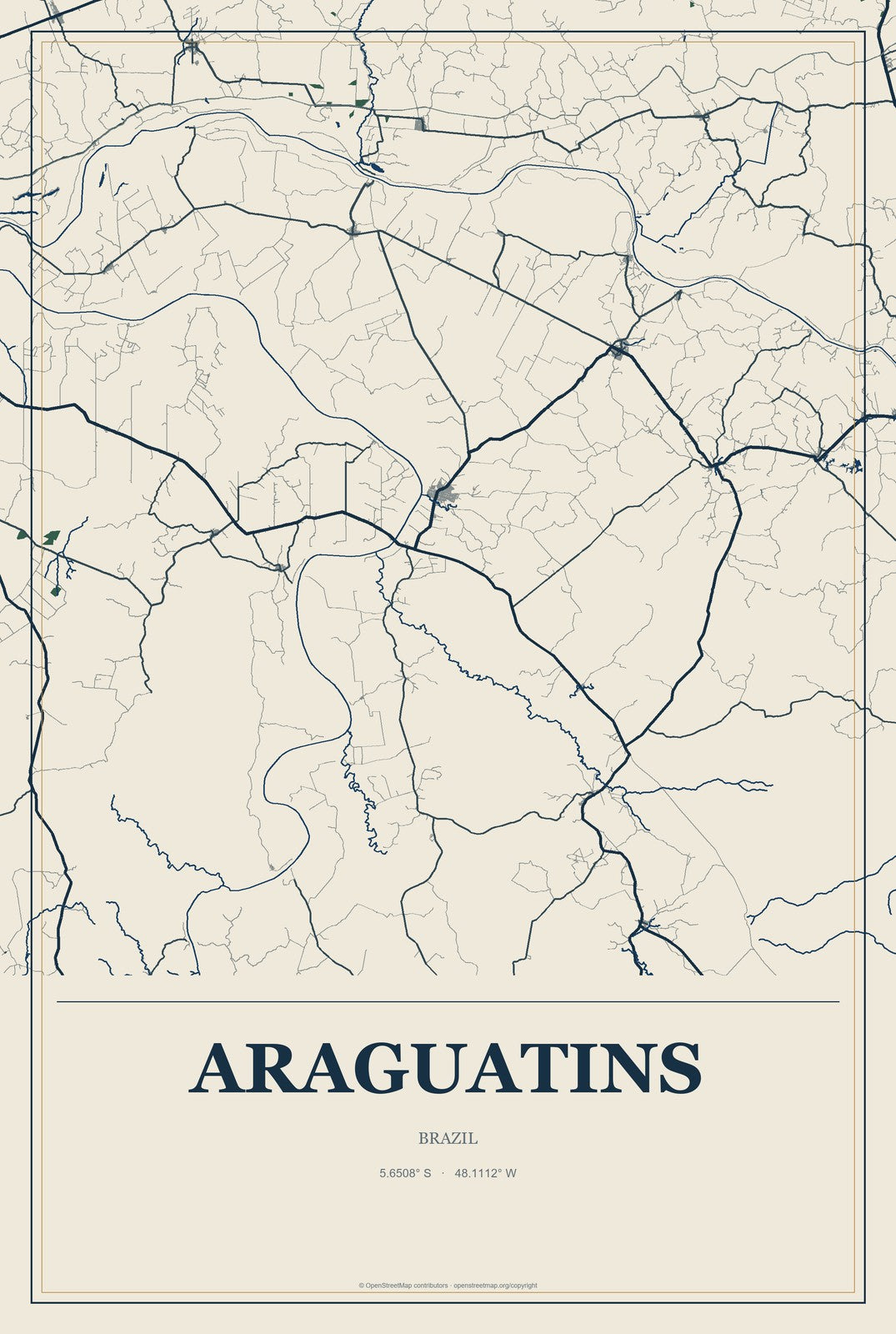 Araguatins, Brazil City Map Aluminum Sign in Coastal Cutout style