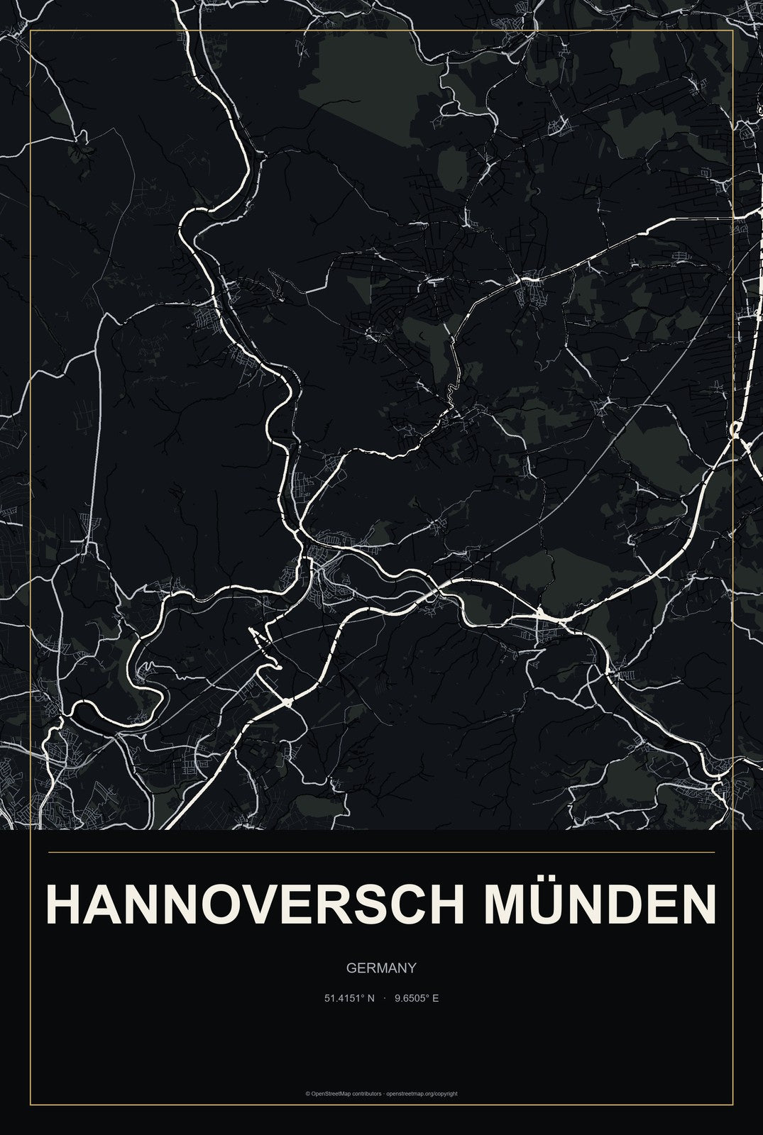 Hannoversch Münden, Germany City Map Aluminum Sign in Metropolitan Noir style