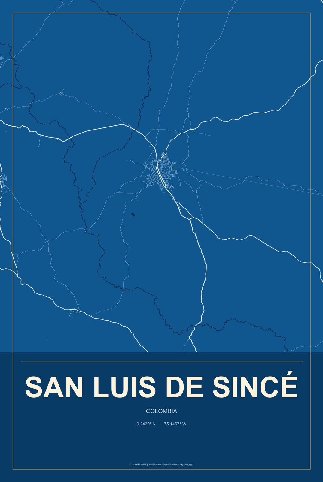 San Luis de Sincé, Colombia City Map Aluminum Sign in Harbor Cobalt style