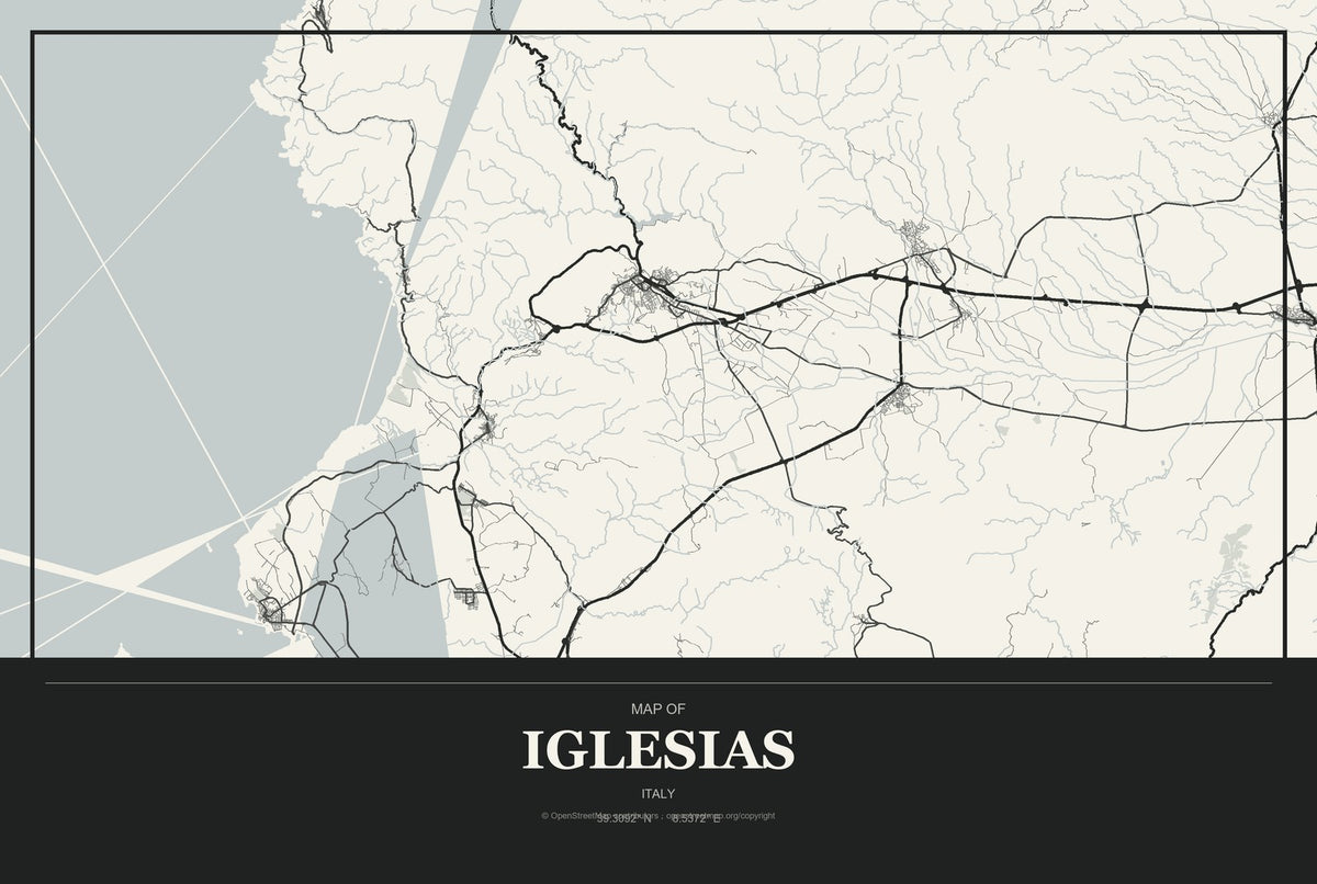 Iglesias, Italy City Map Aluminum Sign in Museum Plaque style
