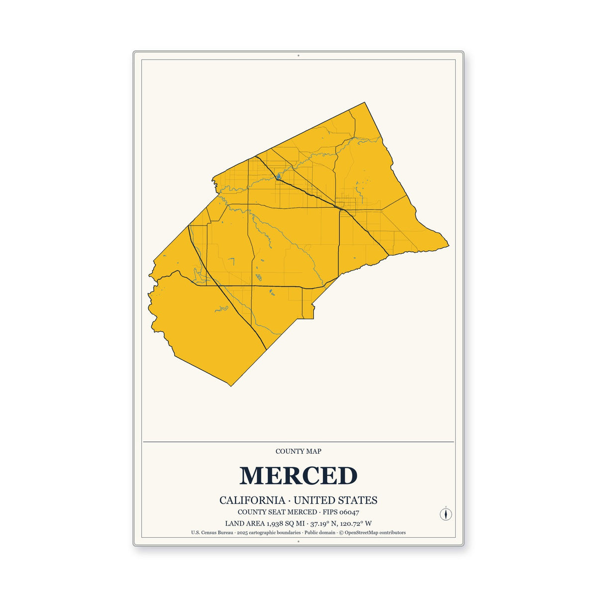 Merced County, California Map Aluminum Sign in Citrine Modern style